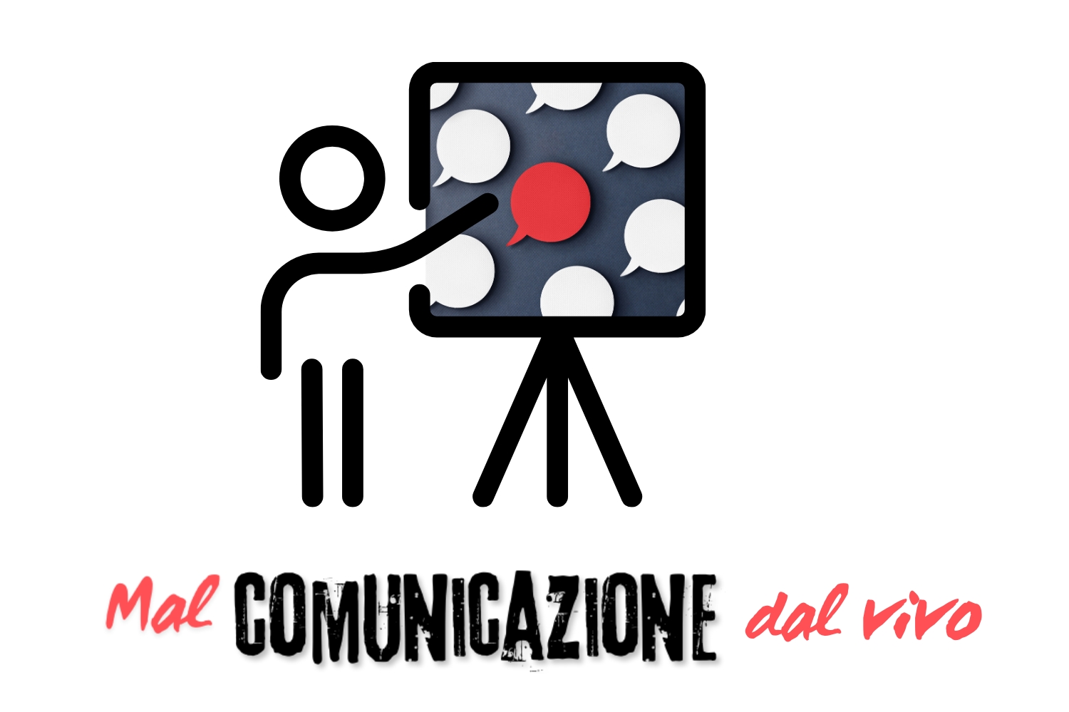 Uomo alla lavagna con scritta "Malcomunicazione dal vivo"